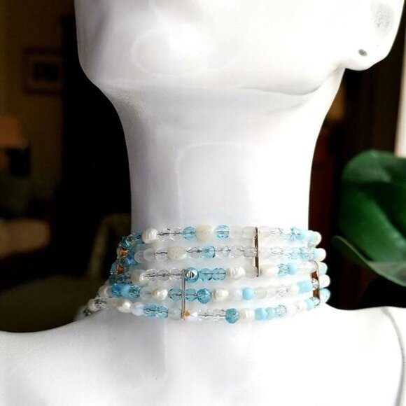CUSTOM made choker necklace blue crystal white freshwater pearl - Picture 6 of 6